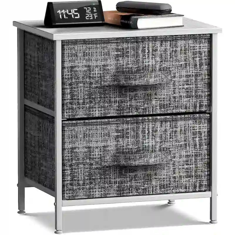 Table de chevet à 2 tiroirs Gris Noir / Marron / Gris Blanc, structure en acier et bacs en tissu, 1 personne