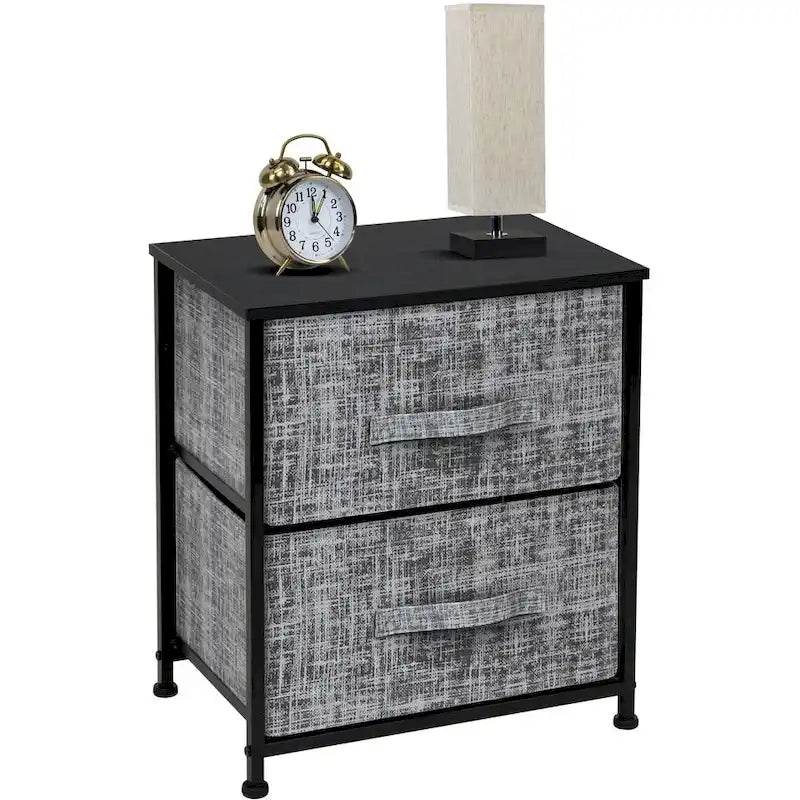 Table de chevet à 2 tiroirs Gris Noir / Marron / Gris Blanc, structure en acier et bacs en tissu, 1 personne