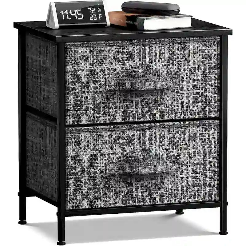 Table de chevet à 2 tiroirs Gris Noir / Marron / Gris Blanc, structure en acier et bacs en tissu, 1 personne