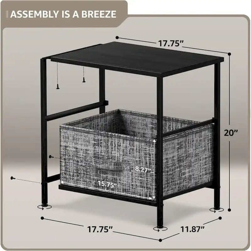 Table de chevet à 2 tiroirs Gris Noir / Marron / Gris Blanc, structure en acier et bacs en tissu, 1 personne