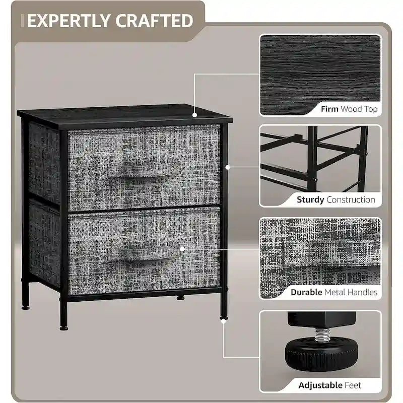 Table de chevet à 2 tiroirs Gris Noir / Marron / Gris Blanc, structure en acier et bacs en tissu, 1 personne
