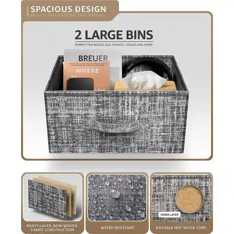 Table de chevet à 2 tiroirs Gris Noir / Marron / Gris Blanc, structure en acier et bacs en tissu, 1 personne