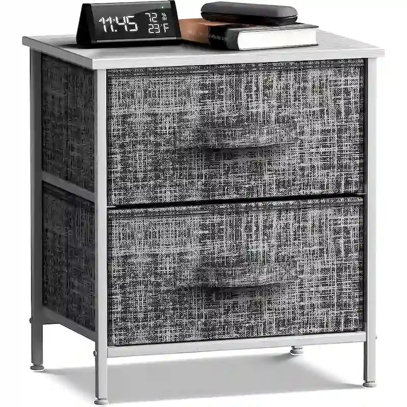 Table de chevet à 2 tiroirs Gris Noir / Marron / Gris Blanc, structure en acier et bacs en tissu, 1 personne