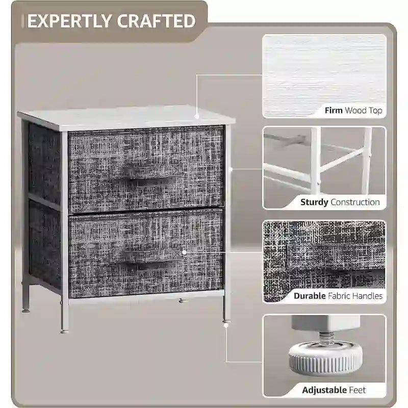 Table de chevet à 2 tiroirs Gris Noir / Marron / Gris Blanc, structure en acier et bacs en tissu, 1 personne