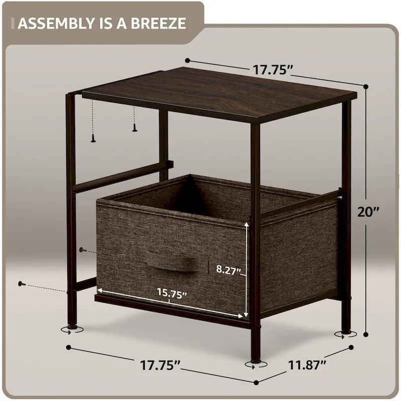 Table de chevet à 2 tiroirs Gris Noir / Marron / Gris Blanc, structure en acier et bacs en tissu, 1 personne