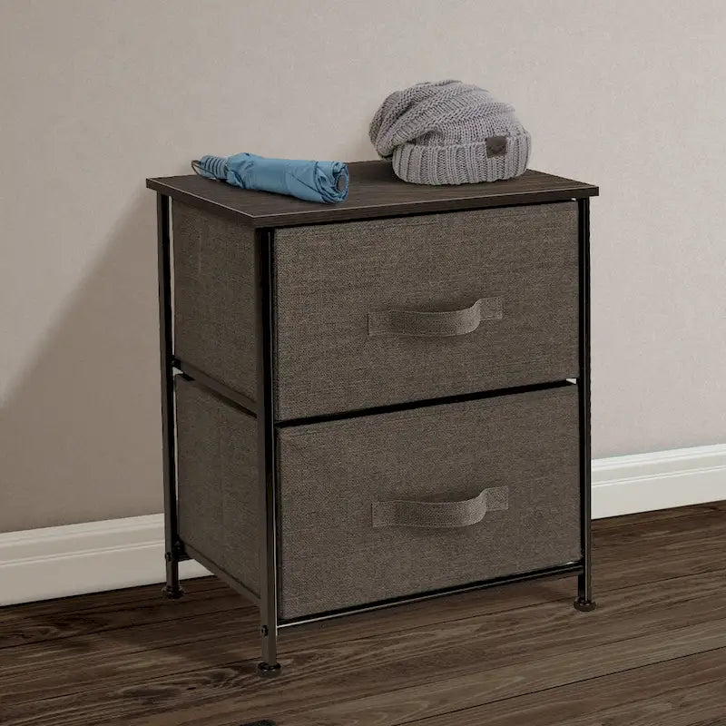 Table de chevet à 2 tiroirs Gris Noir / Marron / Gris Blanc, structure en acier et bacs en tissu, 1 personne