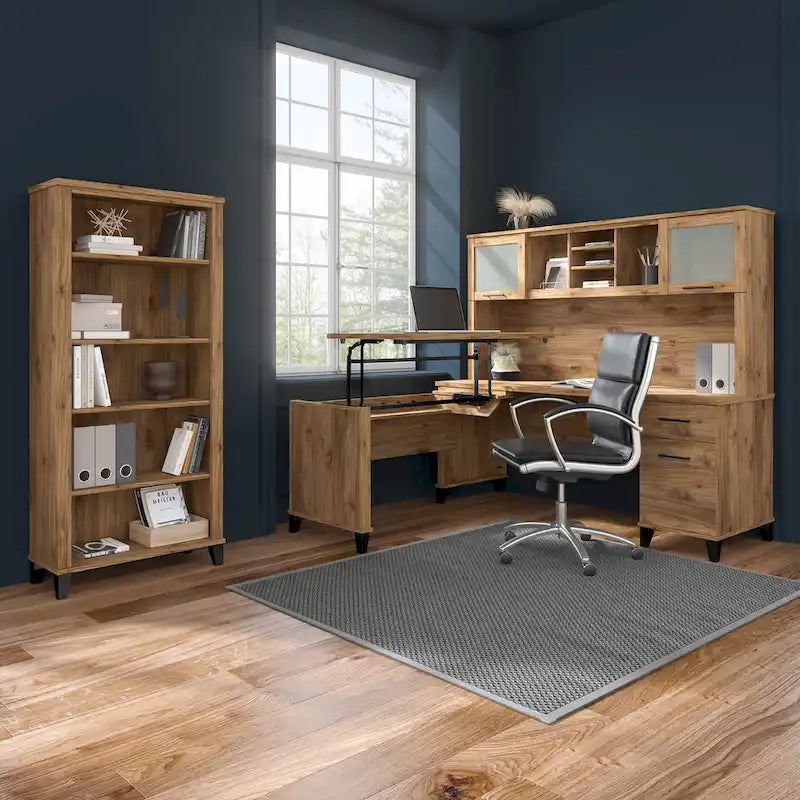 Multicolore | Style de transition | Bureau individuel de 183 cm de large avec tiroirs