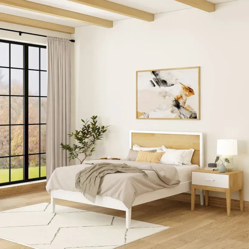 Lit plateforme pleine grandeur blanc/naturel avec tête de lit à panneaux, pour 2 personnes