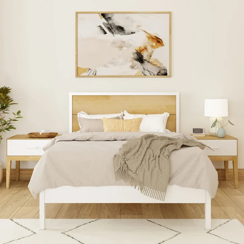 Lit plateforme pleine grandeur blanc/naturel avec tête de lit à panneaux, pour 2 personnes