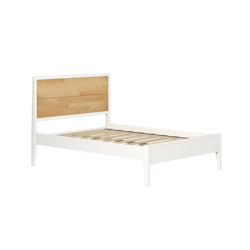 Lit plateforme pleine grandeur blanc/naturel avec tête de lit à panneaux, pour 2 personnes