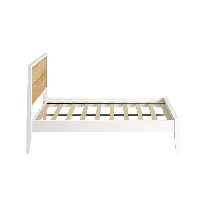 Lit plateforme pleine grandeur blanc/naturel avec tête de lit à panneaux, pour 2 personnes