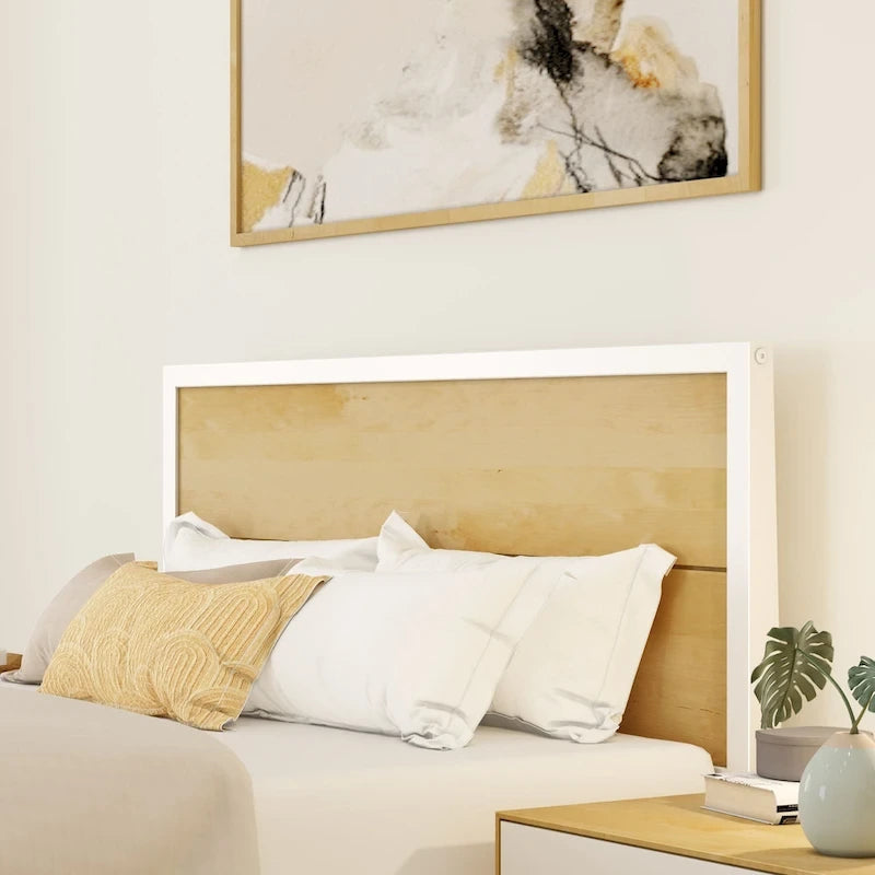 Lit plateforme pleine grandeur blanc/naturel avec tête de lit à panneaux, pour 2 personnes
