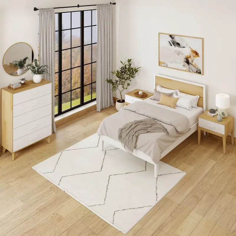 Lit plateforme pleine grandeur blanc/naturel avec tête de lit à panneaux, pour 2 personnes