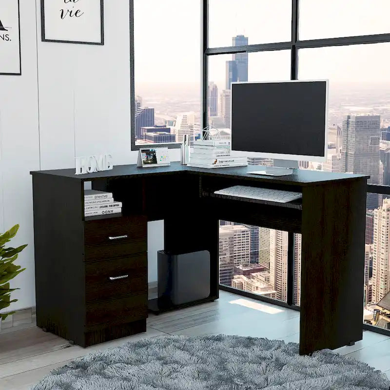 Bureau d'angle en L noir / gris foncé / gris clair avec tiroirs et tablette pour clavier – 1 personne