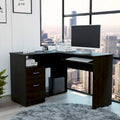 Bureau d'angle en L noir / gris foncé / gris clair avec tiroirs et tablette pour clavier – 1 personne