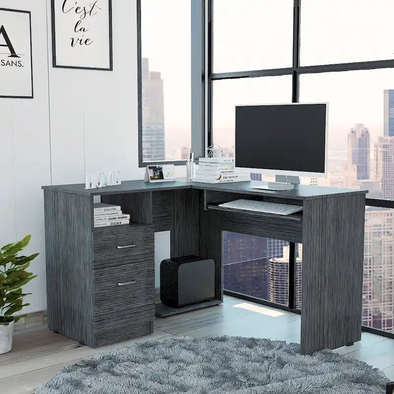 Bureau d'angle en L noir / gris foncé / gris clair avec tiroirs et tablette pour clavier – 1 personne