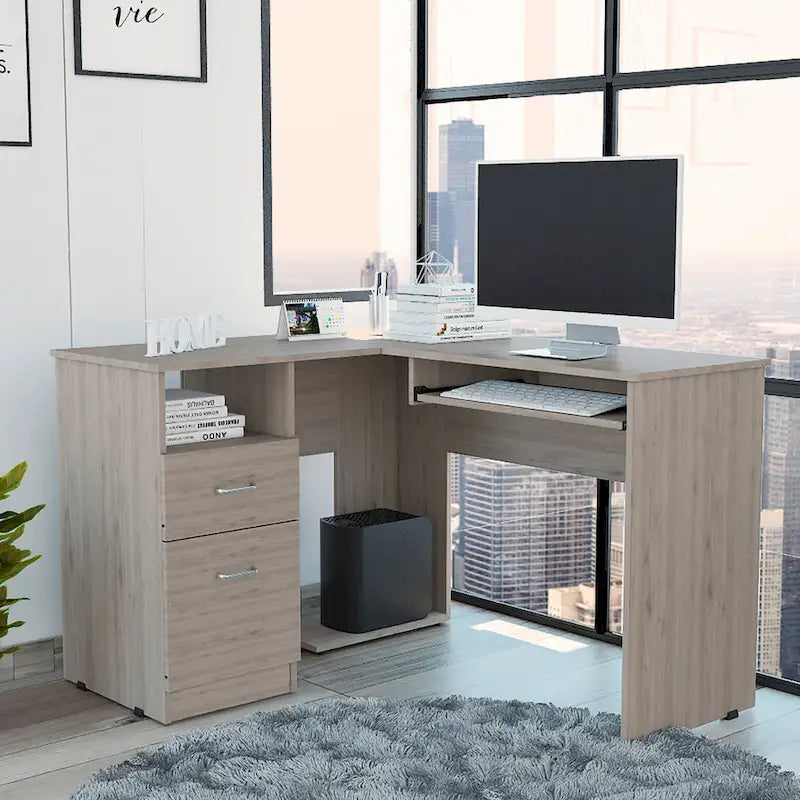 Bureau d'angle en L noir / gris foncé / gris clair avec tiroirs et tablette pour clavier – 1 personne
