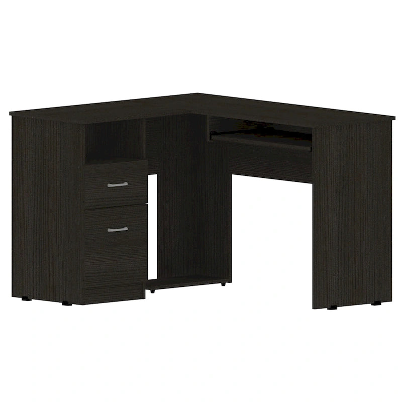 Bureau d'angle en L noir / gris foncé / gris clair avec tiroirs et tablette pour clavier – 1 personne