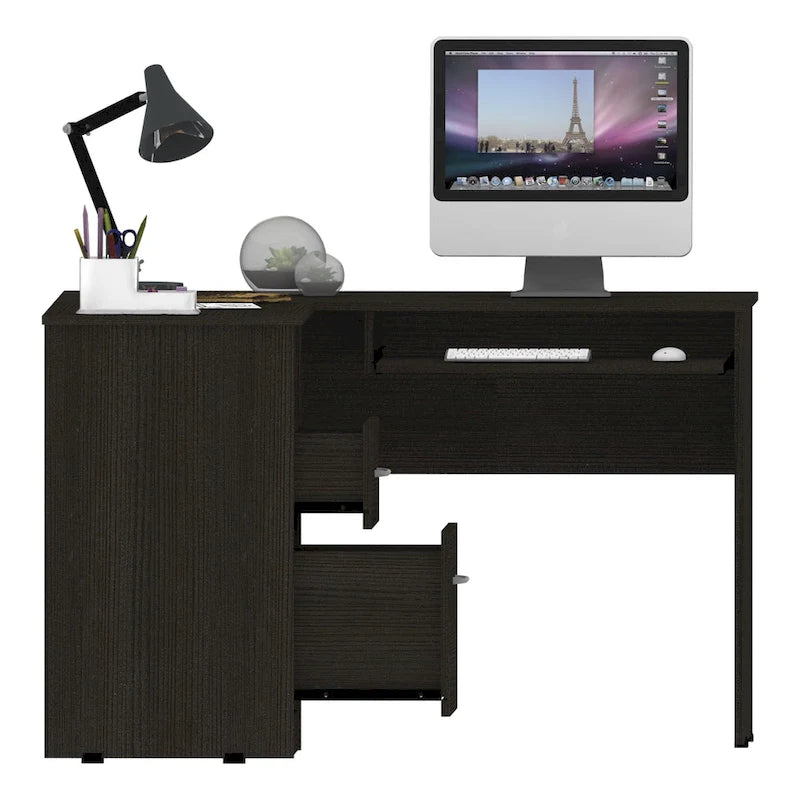 Bureau d'angle en L noir / gris foncé / gris clair avec tiroirs et tablette pour clavier – 1 personne