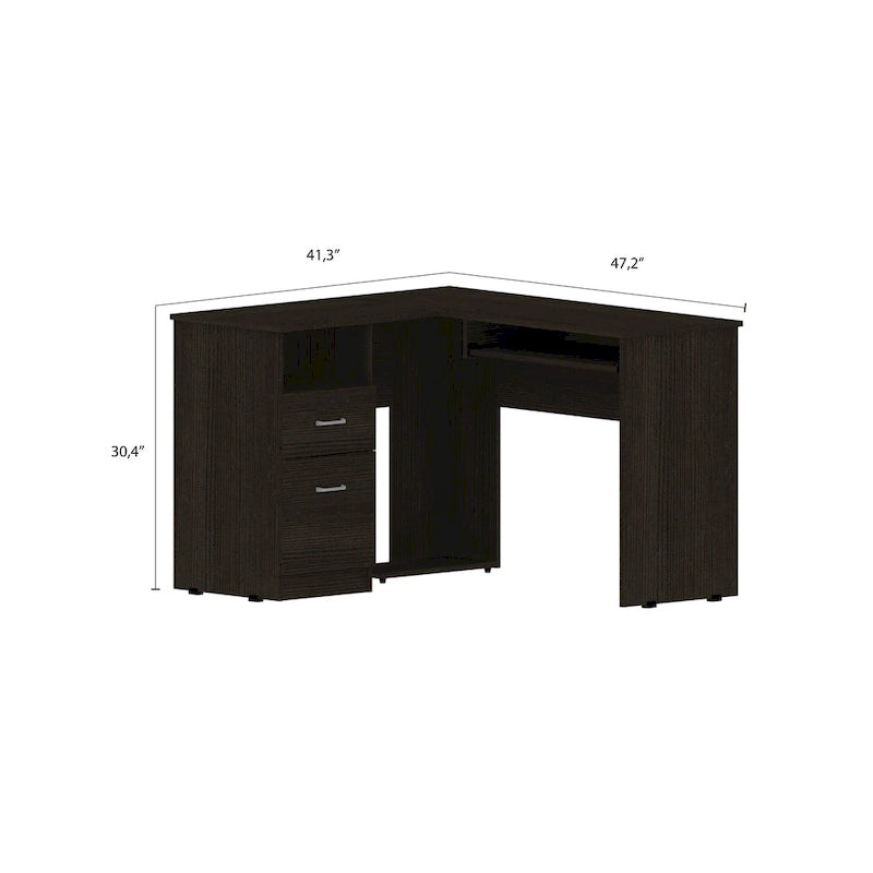 Bureau d'angle en L noir / gris foncé / gris clair avec tiroirs et tablette pour clavier – 1 personne