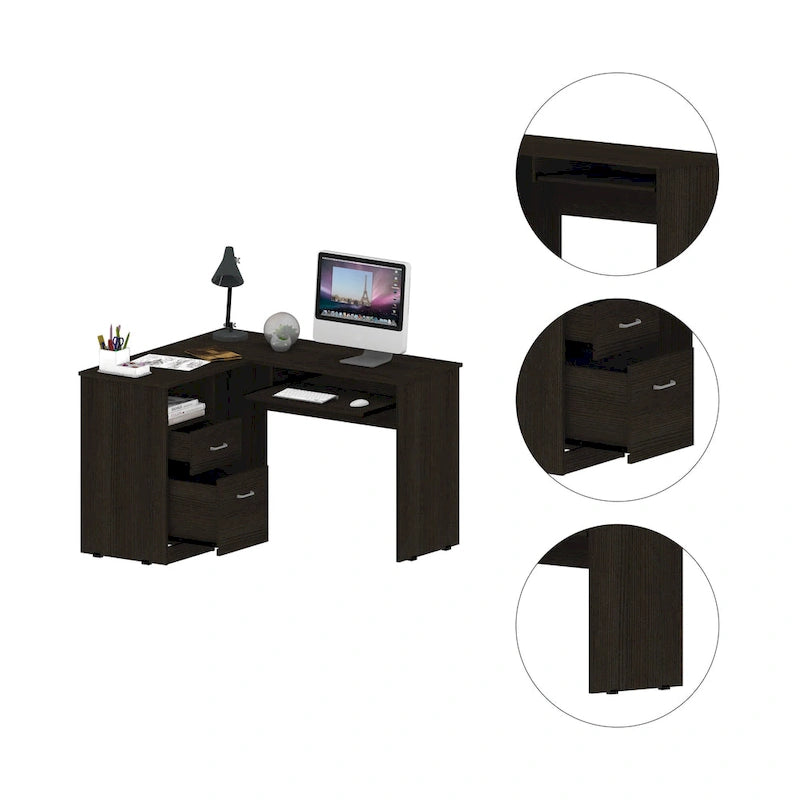 Bureau d'angle en L noir / gris foncé / gris clair avec tiroirs et tablette pour clavier – 1 personne
