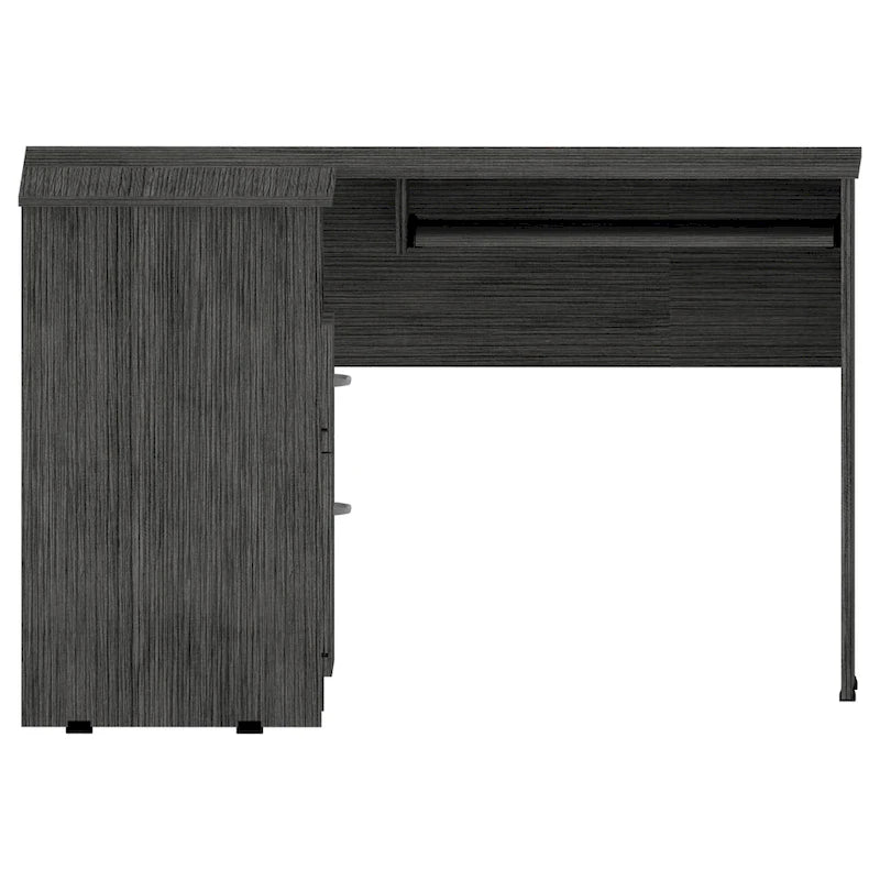 Bureau d'angle en L noir / gris foncé / gris clair avec tiroirs et tablette pour clavier – 1 personne
