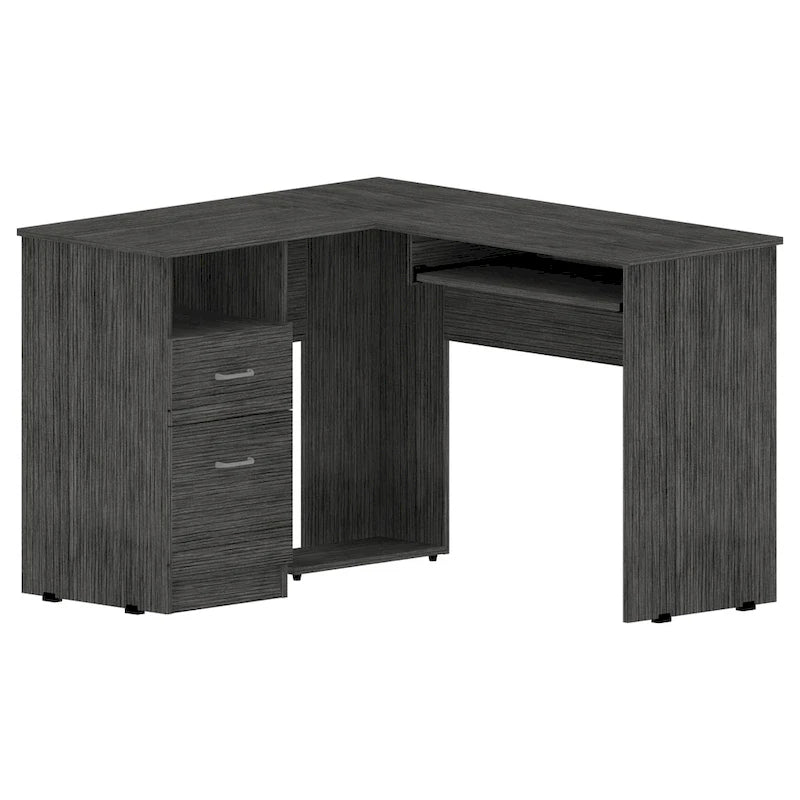 Bureau d'angle en L noir / gris foncé / gris clair avec tiroirs et tablette pour clavier – 1 personne