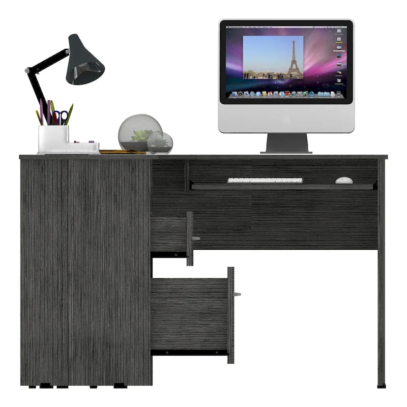 Bureau d'angle en L noir / gris foncé / gris clair avec tiroirs et tablette pour clavier – 1 personne