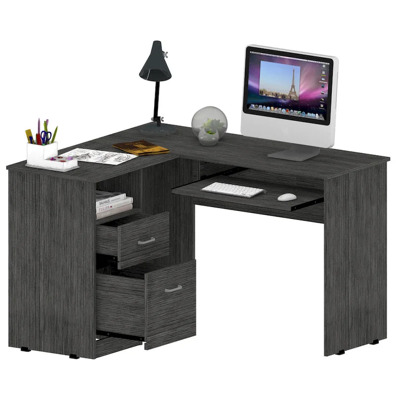 Bureau d'angle en L noir / gris foncé / gris clair avec tiroirs et tablette pour clavier – 1 personne