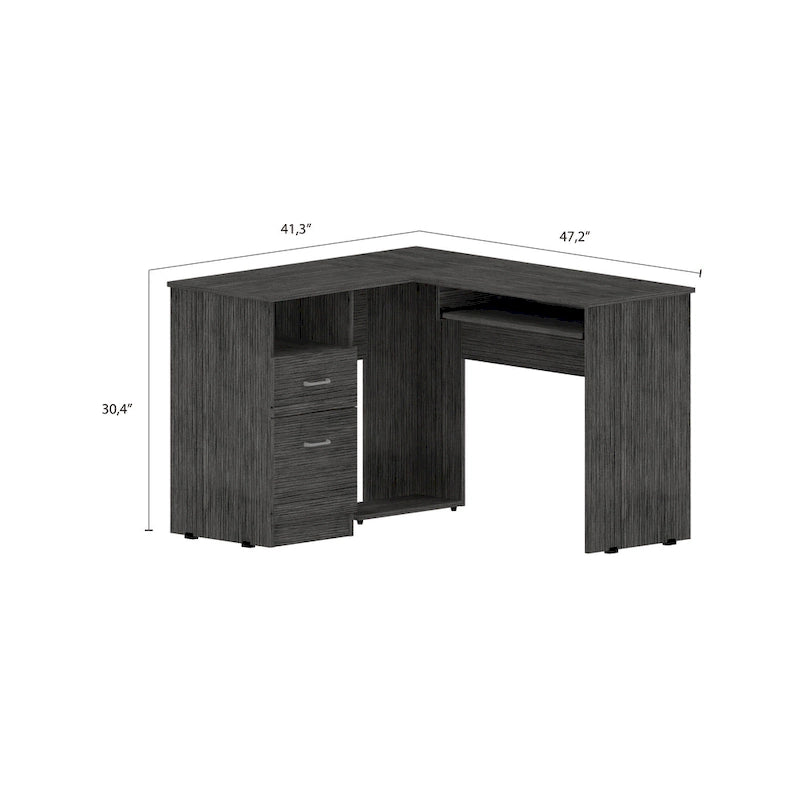 Bureau d'angle en L noir / gris foncé / gris clair avec tiroirs et tablette pour clavier – 1 personne