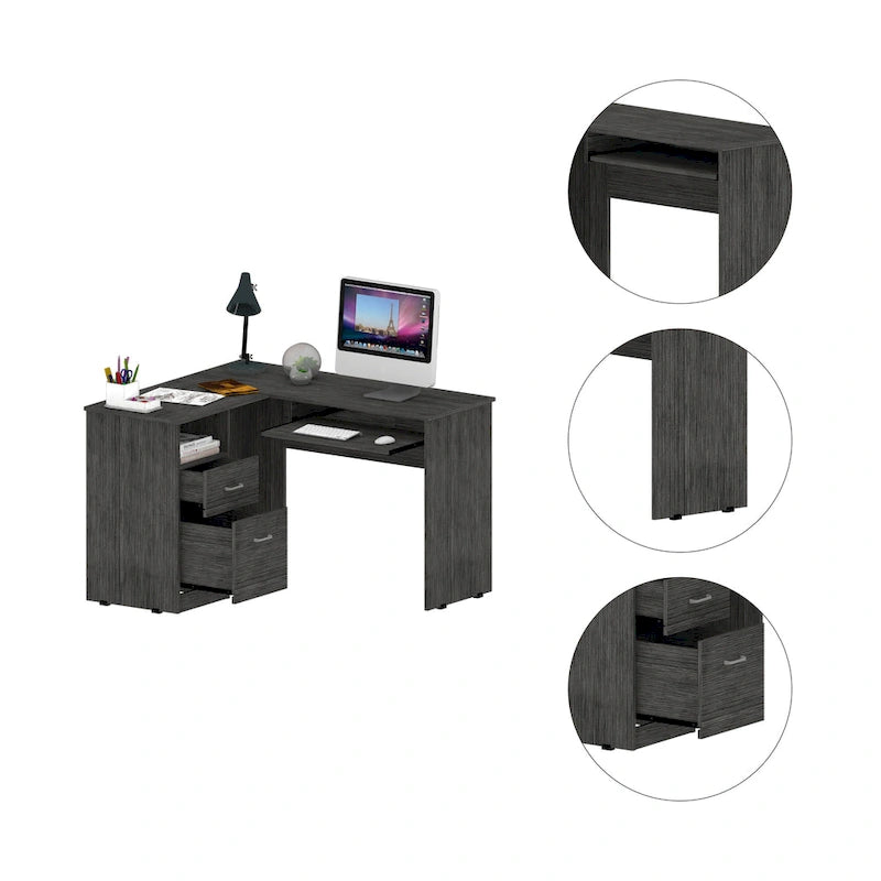 Bureau d'angle en L noir / gris foncé / gris clair avec tiroirs et tablette pour clavier – 1 personne
