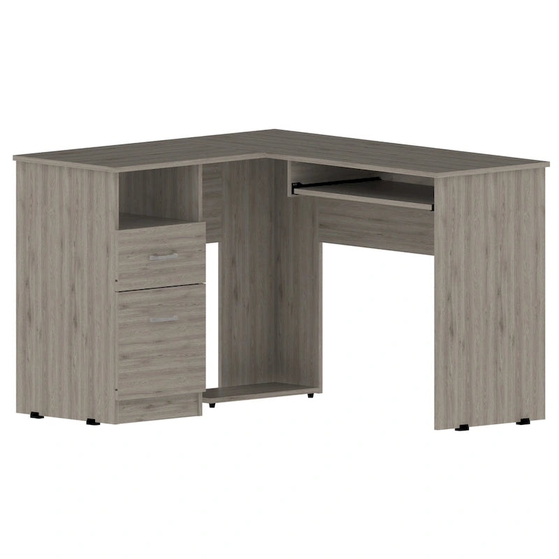 Bureau d'angle en L noir / gris foncé / gris clair avec tiroirs et tablette pour clavier – 1 personne