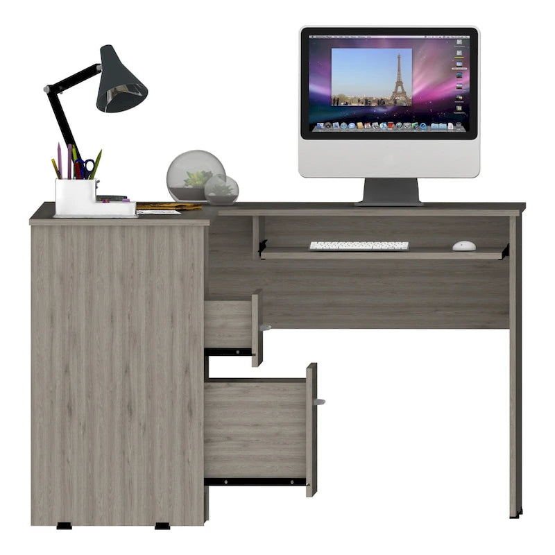 Bureau d'angle en L noir / gris foncé / gris clair avec tiroirs et tablette pour clavier – 1 personne