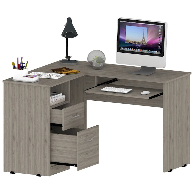 Bureau d'angle en L noir / gris foncé / gris clair avec tiroirs et tablette pour clavier – 1 personne