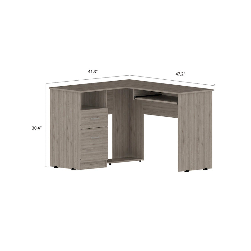 Bureau d'angle en L noir / gris foncé / gris clair avec tiroirs et tablette pour clavier – 1 personne