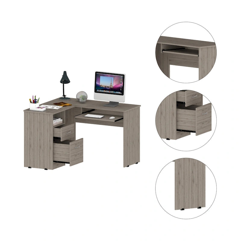 Bureau d'angle en L noir / gris foncé / gris clair avec tiroirs et tablette pour clavier – 1 personne
