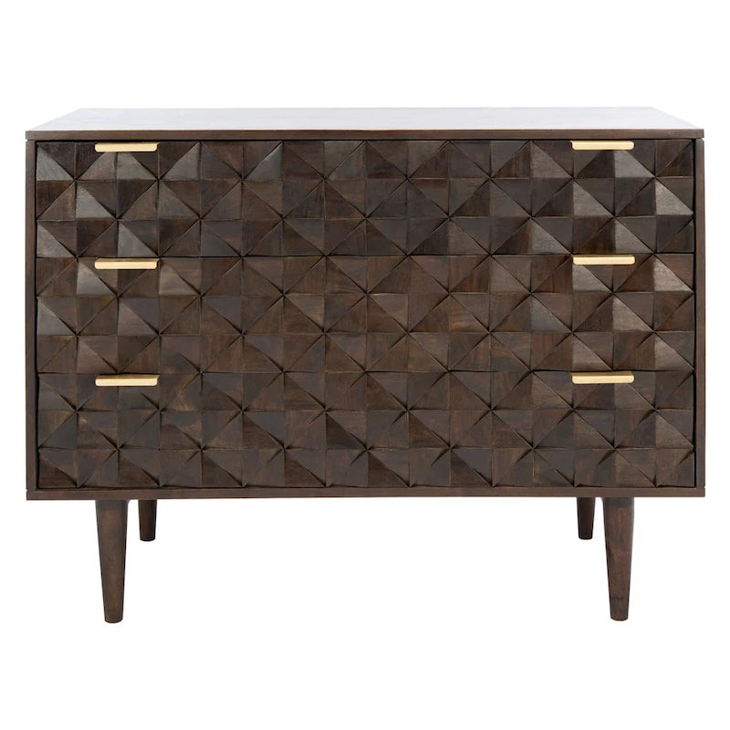 Commode 3 tiroirs en noyer avec motifs sculptés géométriques