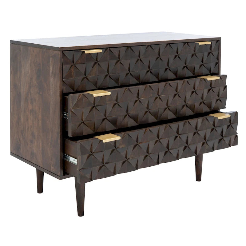 Commode 3 tiroirs en noyer avec motifs sculptés géométriques
