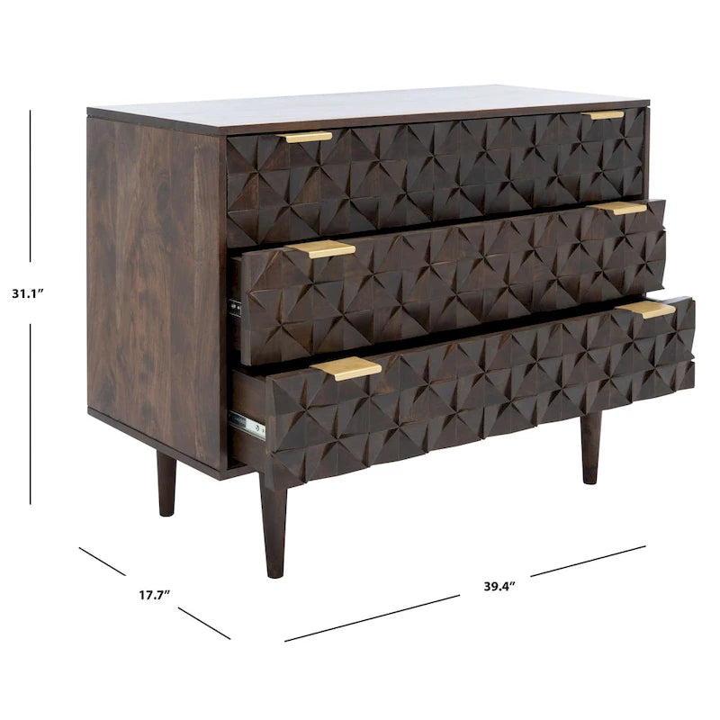 Commode 3 tiroirs en noyer avec motifs sculptés géométriques