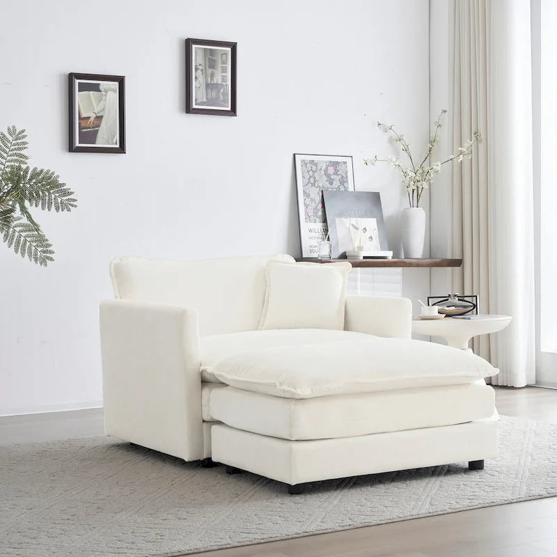 Fauteuil d'appoint en chenille blanche avec pouf, fauteuil 1 place pour salon / chambre à coucher
