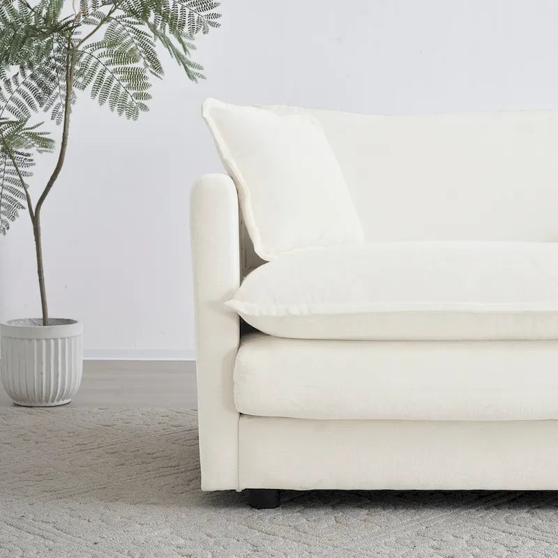 Fauteuil d'appoint en chenille blanche avec pouf, fauteuil 1 place pour salon / chambre à coucher