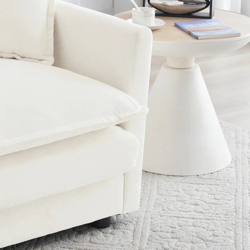 Fauteuil d'appoint en chenille blanche avec pouf, fauteuil 1 place pour salon / chambre à coucher