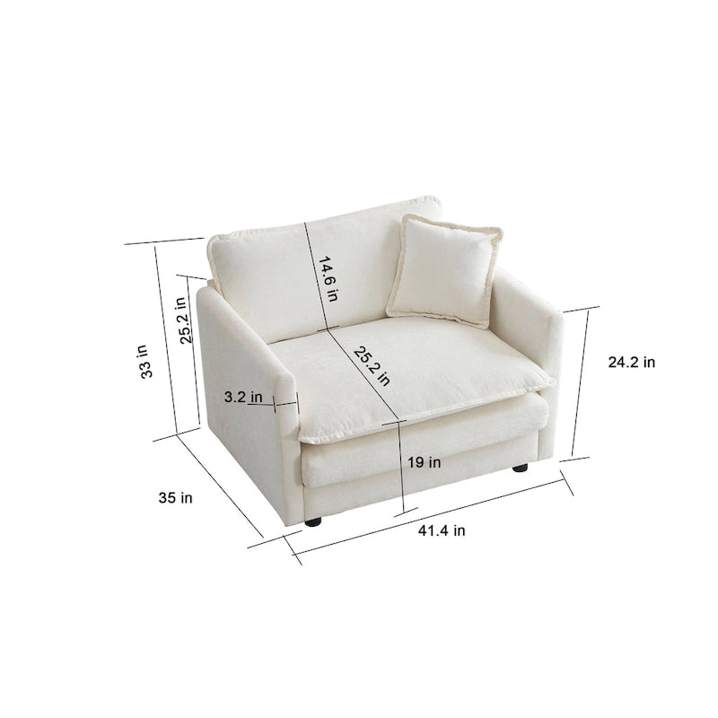 Fauteuil d'appoint en chenille blanche avec pouf, fauteuil 1 place pour salon / chambre à coucher