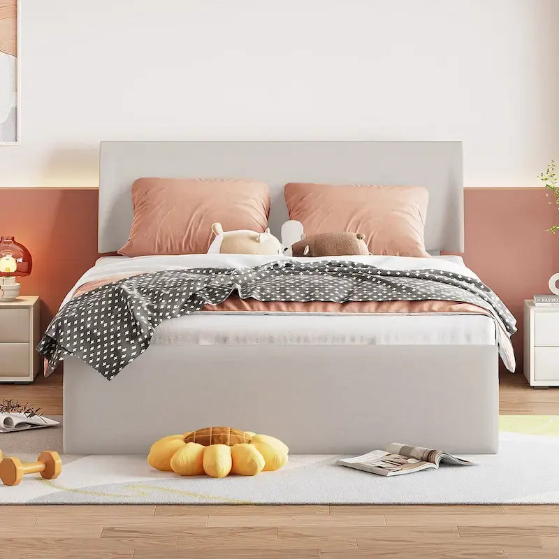 Lit double avec rangement hydraulique, lin beige, 2 places