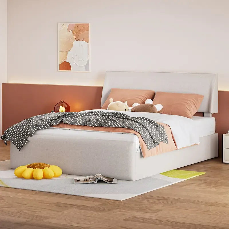 Lit double avec rangement hydraulique, lin beige, 2 places