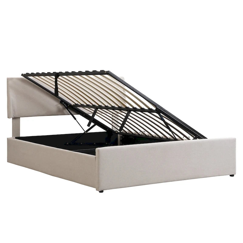 Lit double avec rangement hydraulique, lin beige, 2 places