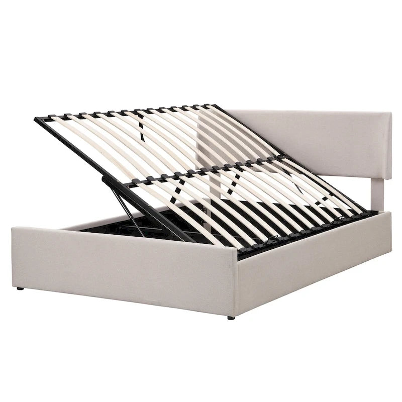 Lit double avec rangement hydraulique, lin beige, 2 places
