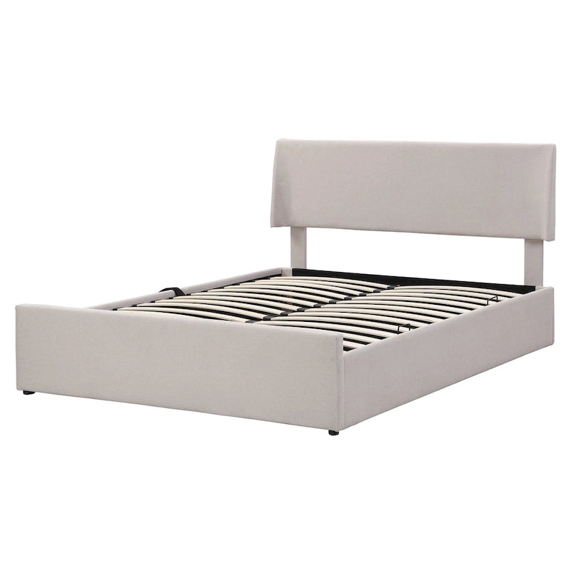Lit double avec rangement hydraulique, lin beige, 2 places