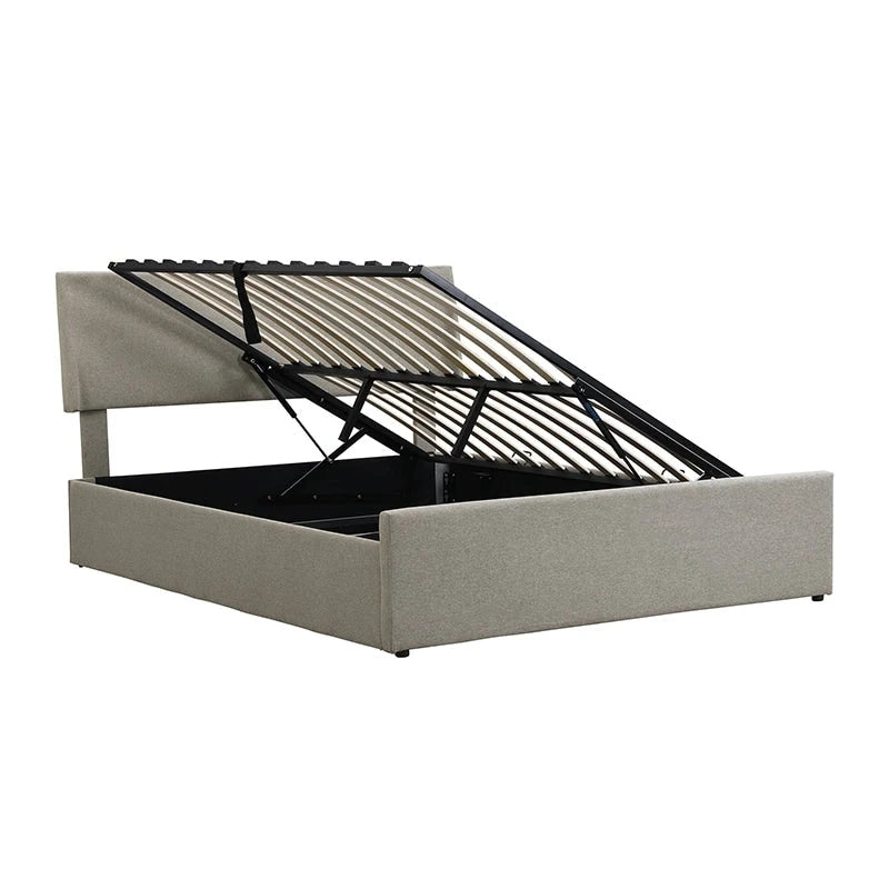 Lit double avec rangement hydraulique, lin beige, 2 places