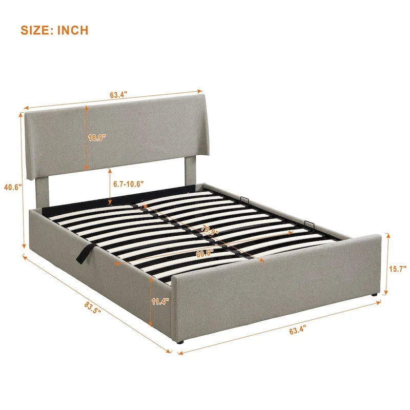 Lit double avec rangement hydraulique, lin beige, 2 places